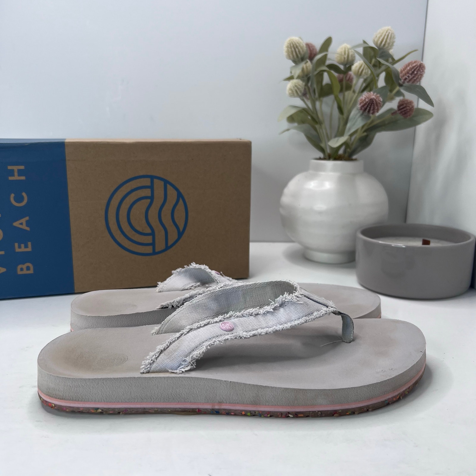 Vionic Beach Unwind Flip Flops Gray Slide Sandals Cotton Canvas Women 9 Tried On
